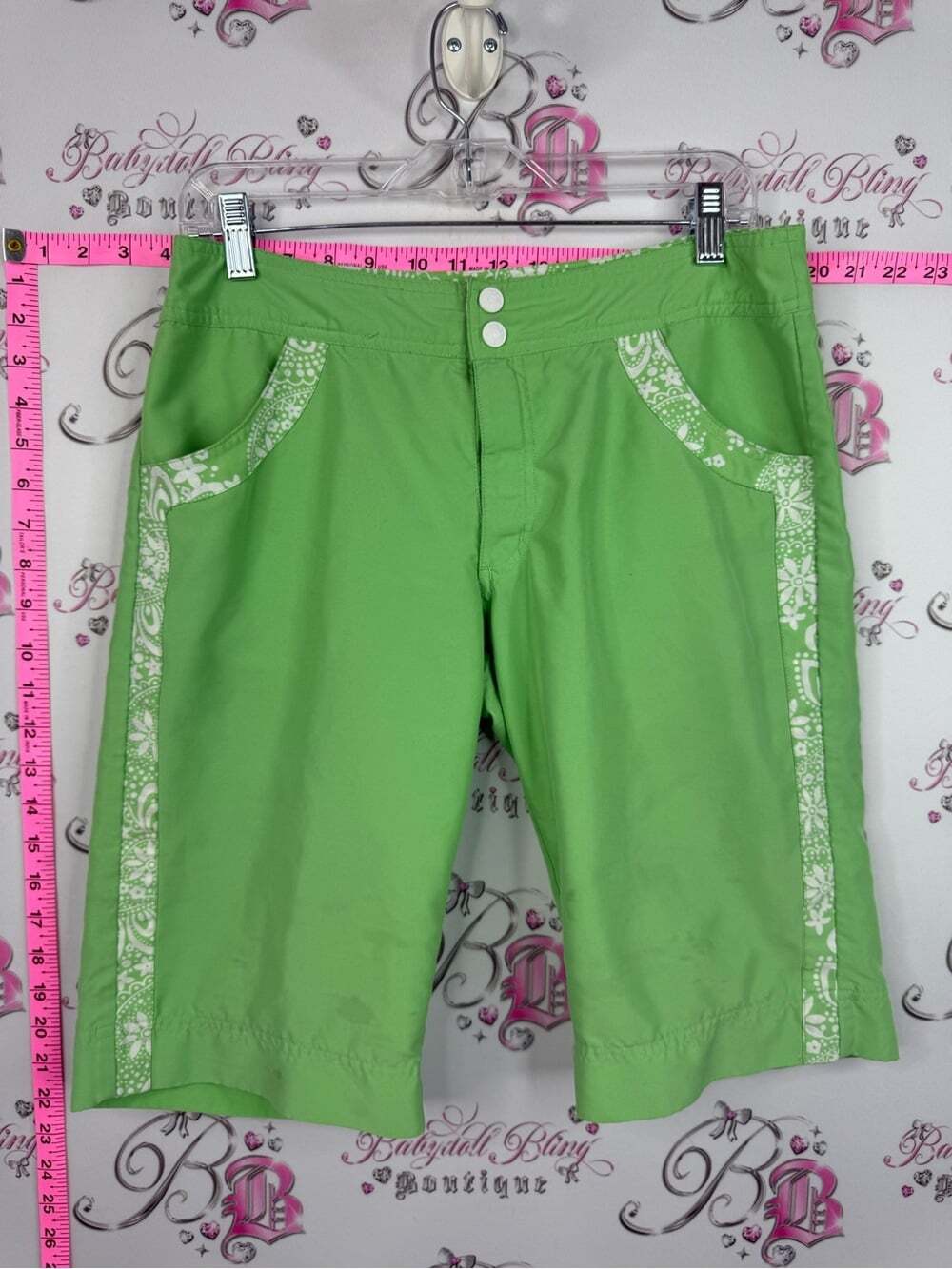 BUM EQUIPMENT shorts or capri Lime Green Athletic Shorts with Patterned Trim